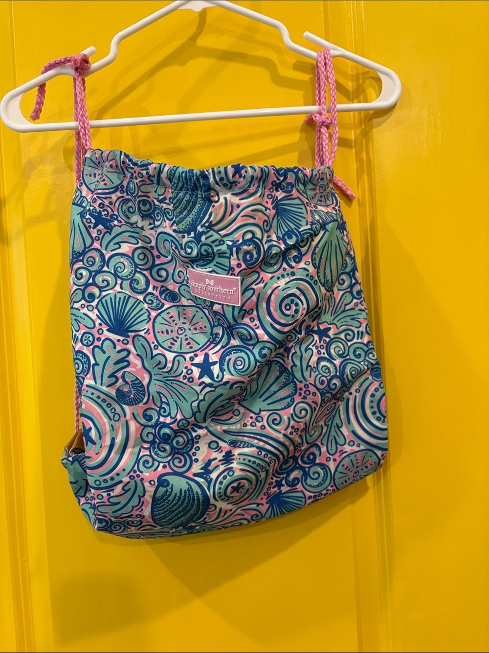 Simply Southern Pink and Teal Seashell Drawstring Bag